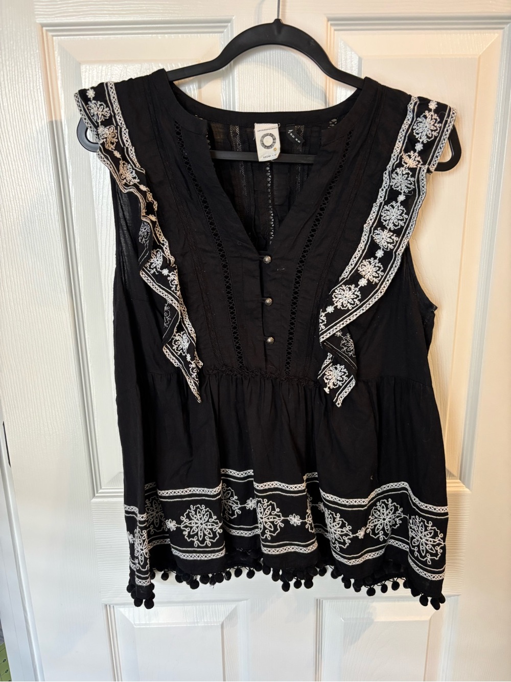 Anthropologie Black Sleeveless Embroidered Tunic with Pom Trim